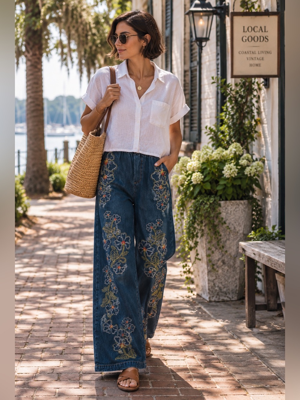 NWT Driftwood Isadora High Rise Pull on Embroidered Jeans Blue Poppies Medium